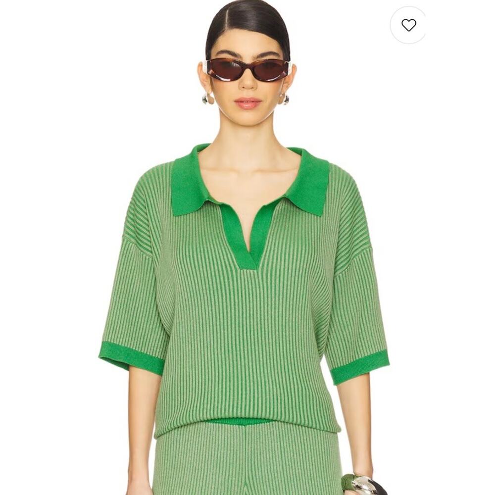 Sancia Ribbed Knit XS Polo Top Green Contrast Collar Short Sleeve